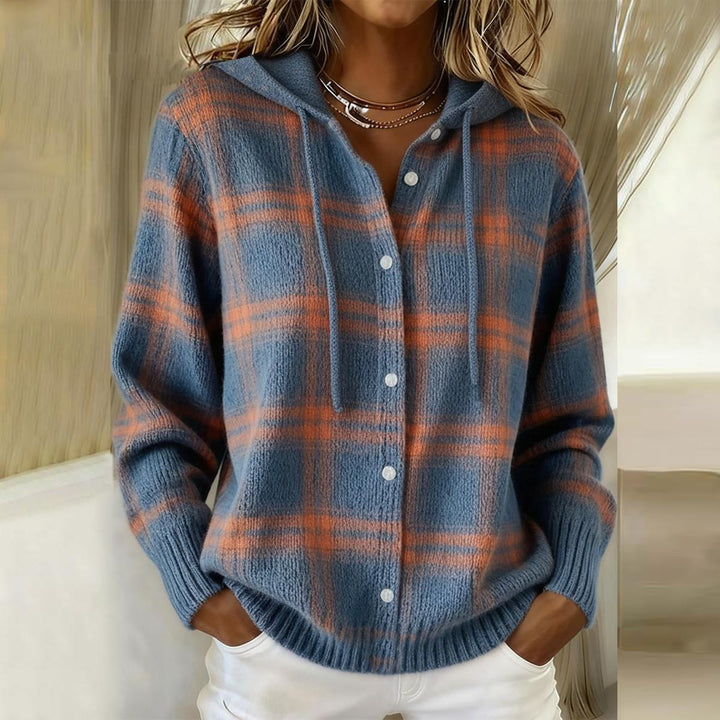 Layla - Blue Plaid Button Down Hoodie Sweater