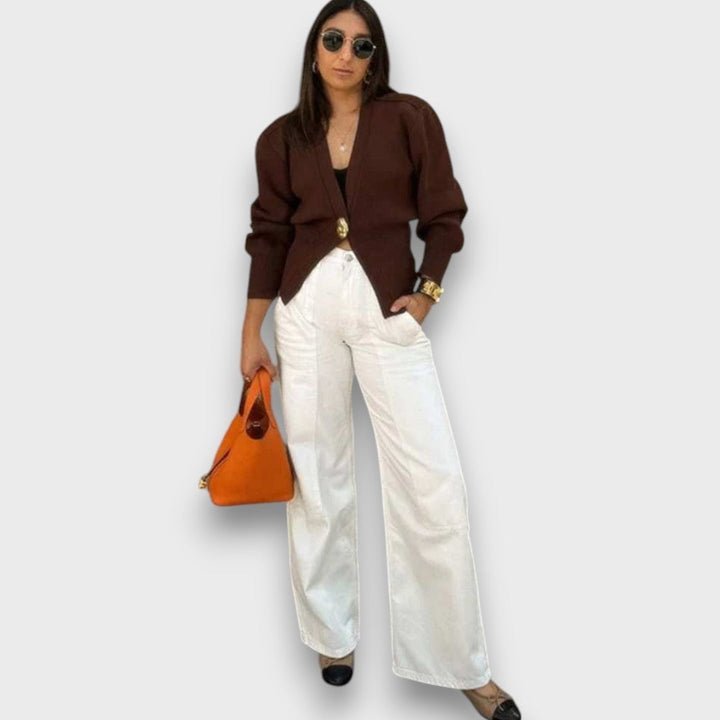 Enea – Cardigan with Deep V-Neck and Gold Button